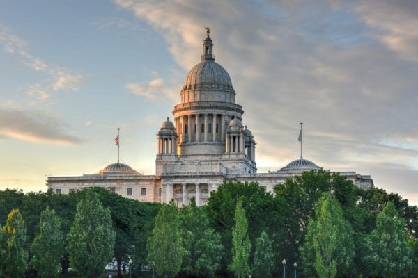 The Rhode Island State House during golden hour