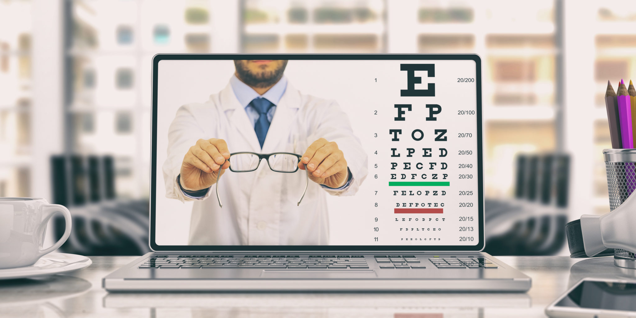 Eye vision test on the computer screen with a Snellen chart